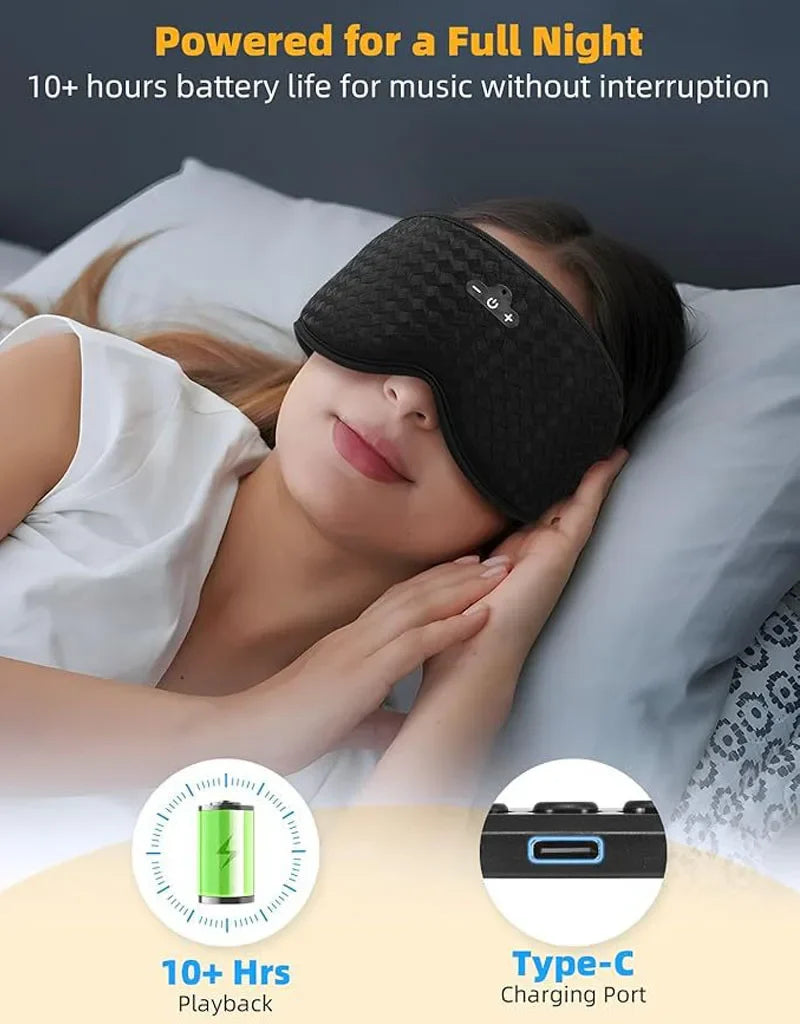 Bluetooth sleep mask for music with 10+ hours battery life and Type-C charging.