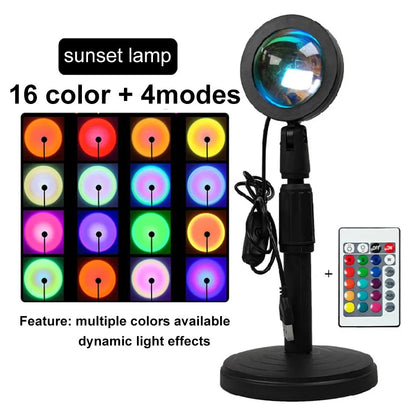 Sunset lamp with 16 colors and 4 modes, featuring remote control and 360° rotation for photography and ambiance.