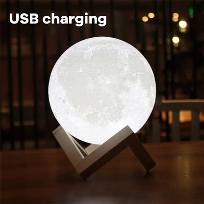 3D moon lamp with USB charging on wooden stand, emitting a soft glow suitable for bedroom decor.