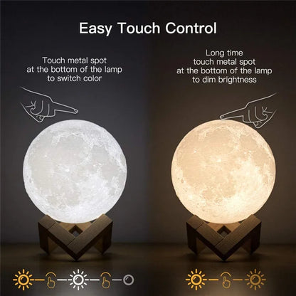 3D moon lamp with easy touch control for color and brightness adjustment, featuring a realistic lunar texture, positioned on a wooden stand.