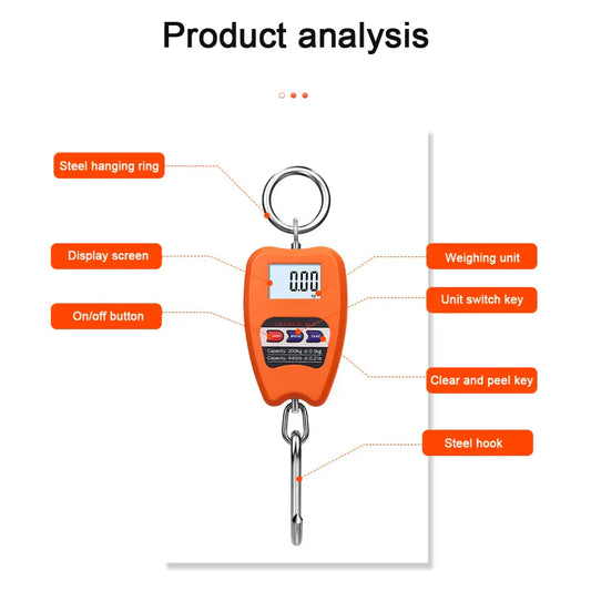Orange portable luggage scale with steel hanging ring, display screen, on/off button, unit switch key, clear and peel key, and steel hook for precise weighing.