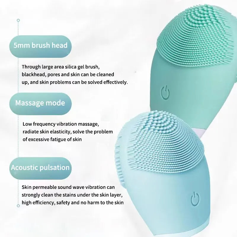 Electric facial cleansing brush with silicone bristles and vibration massage features.
