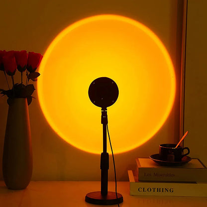 Sunset lamp projection creating a warm glow, showcasing LED atmosphere lighting with a 360° rotation feature.