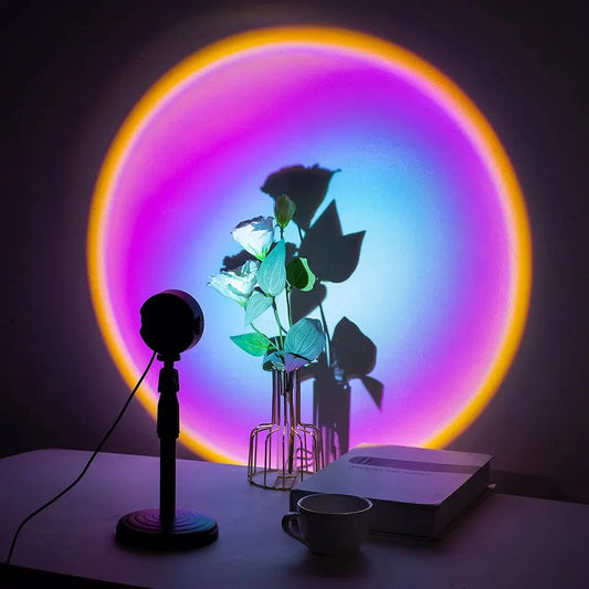 Sunset Lamp Projection showing vibrant LED colors creating a rainbow effect on the wall, ideal for photography and home decor.