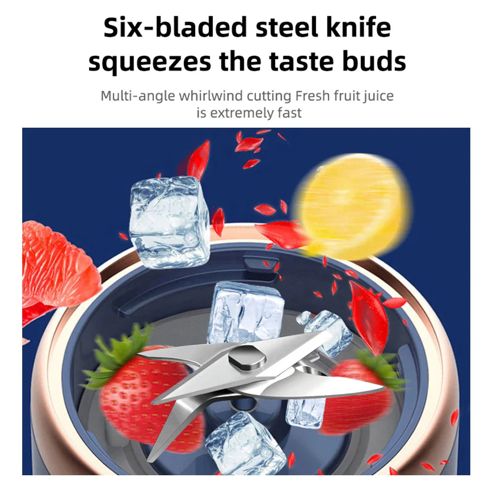 Six-bladed steel knife slicing fruits and ice in a portable fruit juice blender.