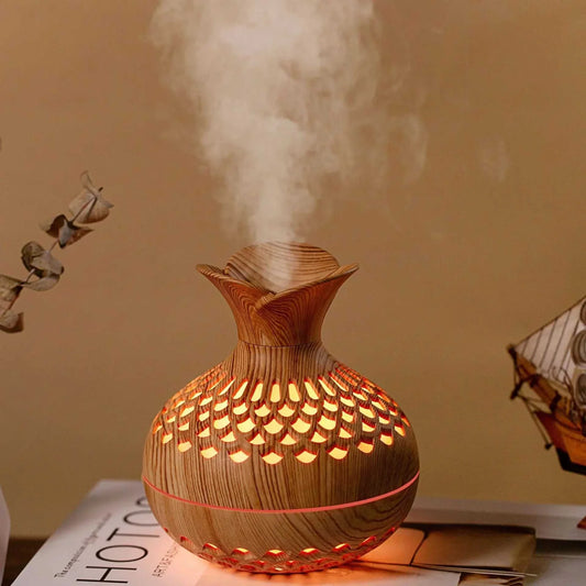 Wood grain humidifier with colorful gradient lights, mist discharge, and 300ml capacity.