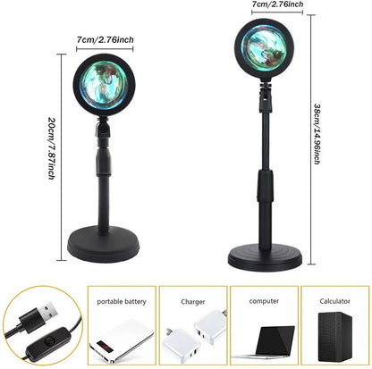 Sunset Lamp Projection LED with remote control, 16 colors, 360° rotation, adjustable height, compatible with various power sources.