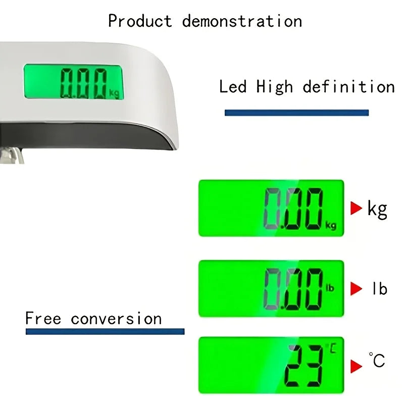 Portable digital luggage scale with LCD display showing weight in kg, lb, and temperature in °C.