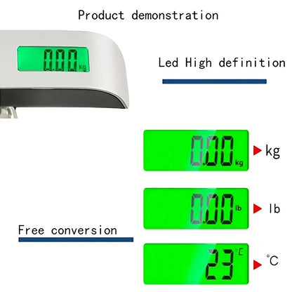 Portable digital luggage scale with LCD display showing weight in kg, lb, and temperature in °C.