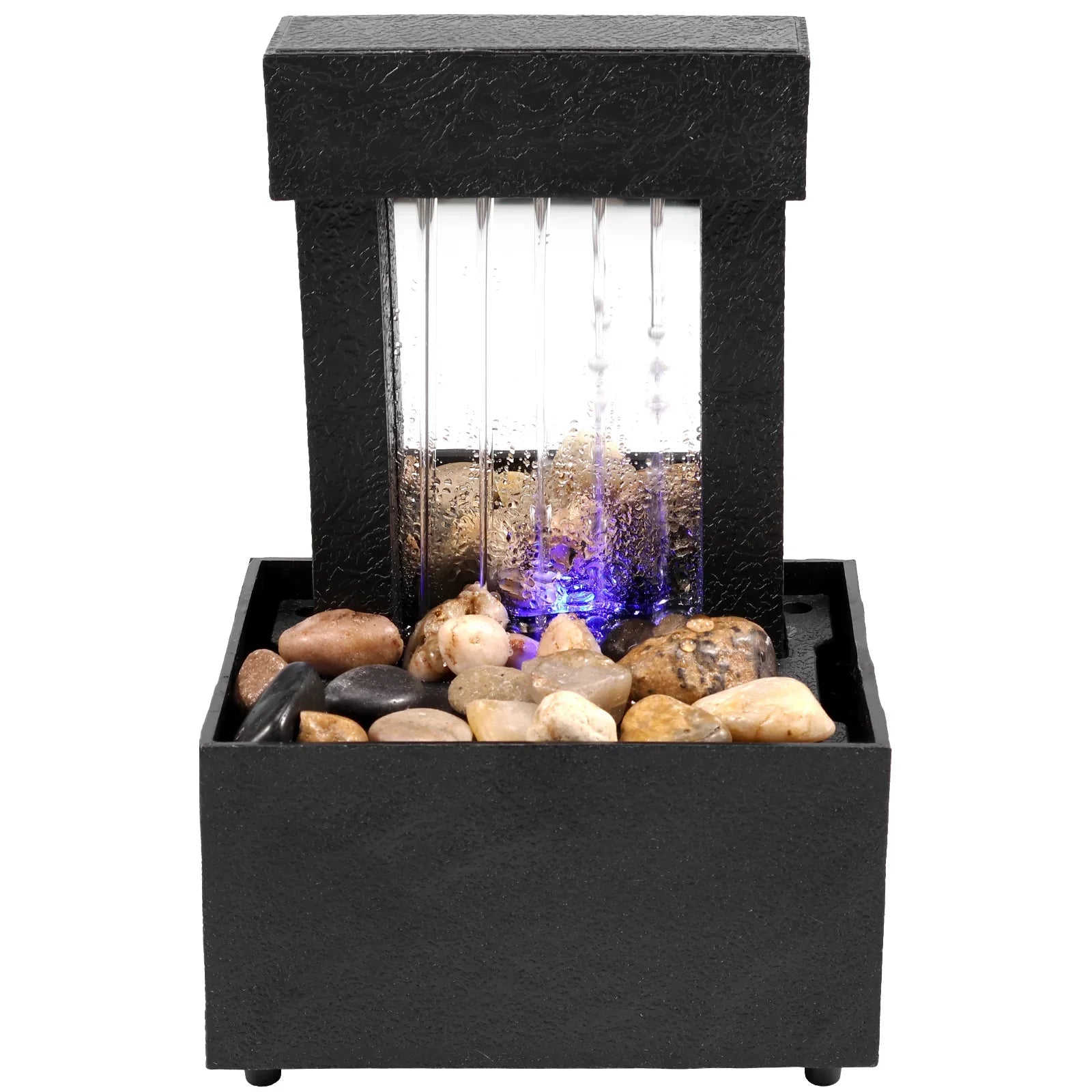 Tabletop fountain with light featuring pebbles and modern design for indoor relaxation.