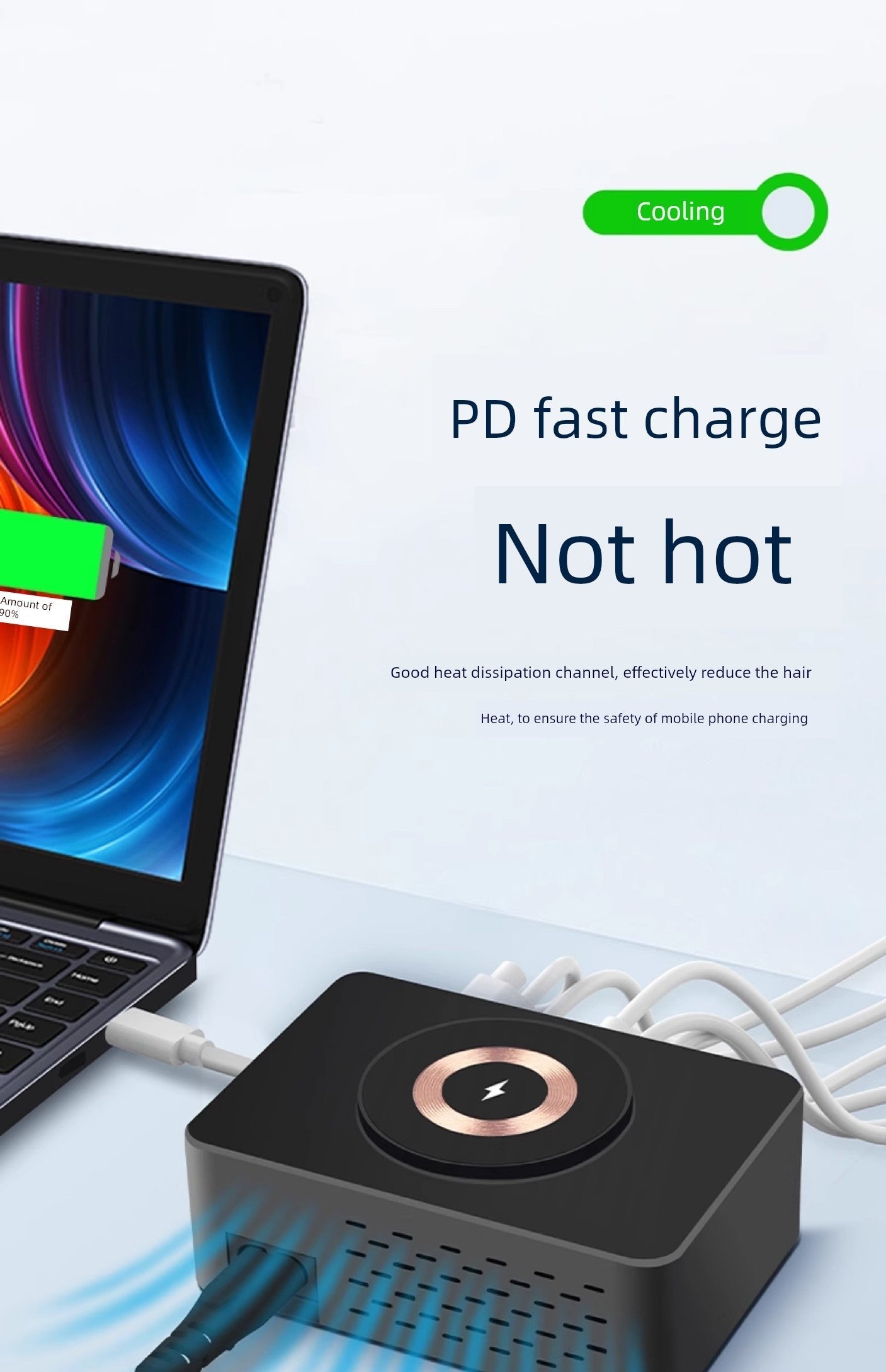 GaN fast charger with PD cooling system near laptop, prevents overheating.