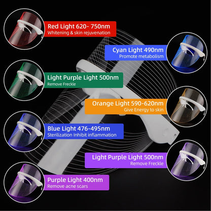 LED face mask with multiple color light therapy options for skin rejuvenation and acne treatment.