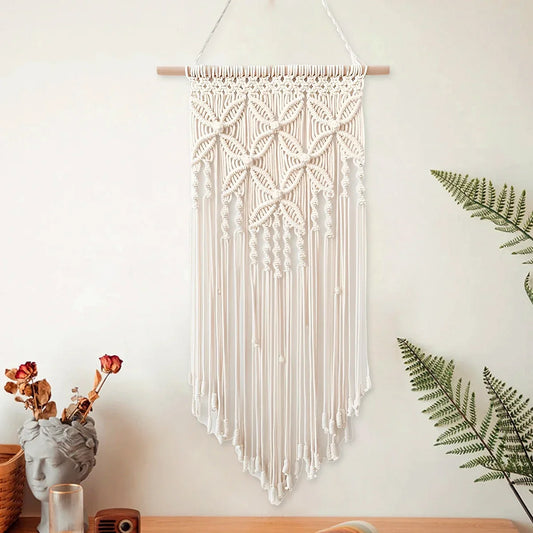 Handmade macrame wall hanging tapestry with tassel, ethnic woven art decor for home.
