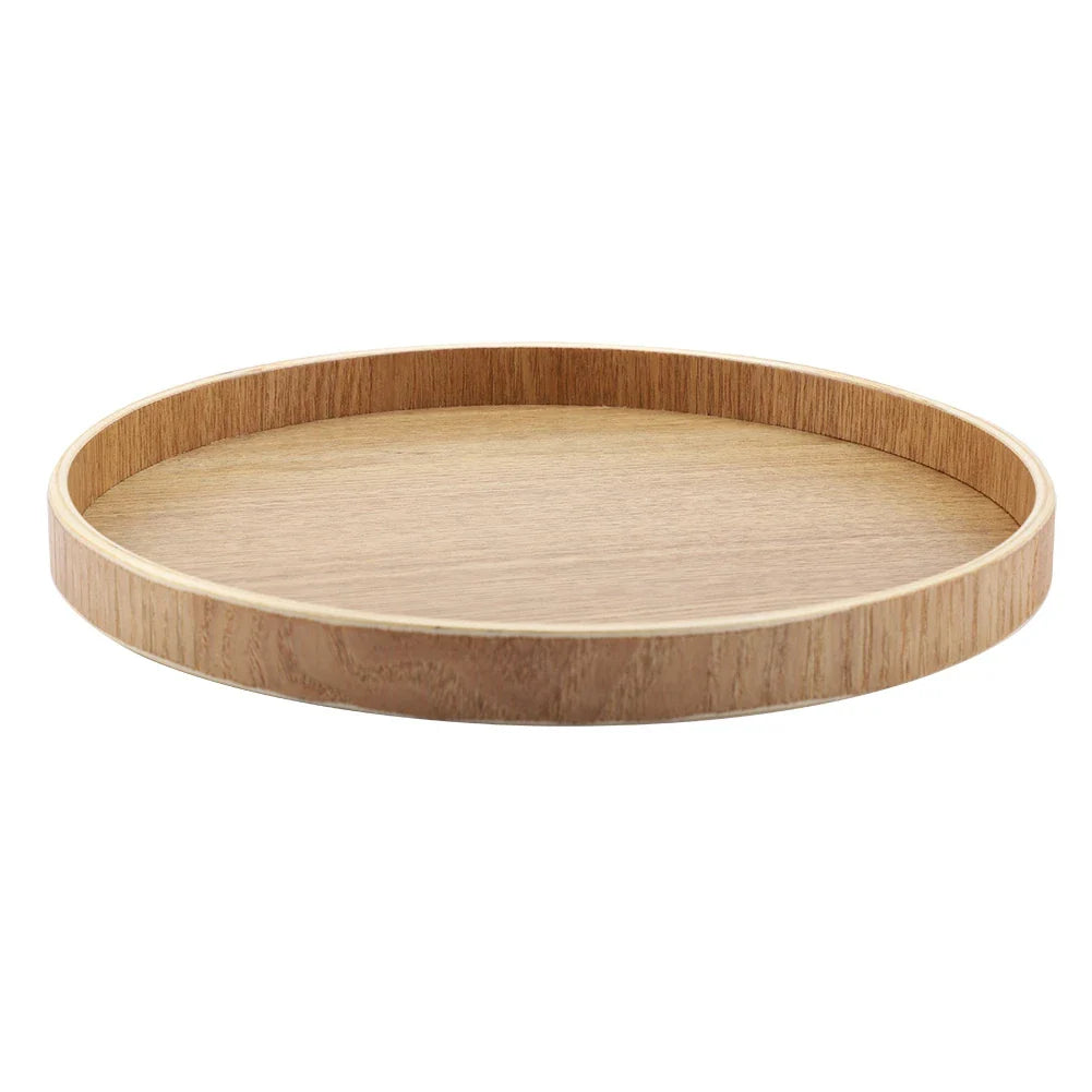 Round wooden serving tray for tea, fruits, candies, and home decoration.