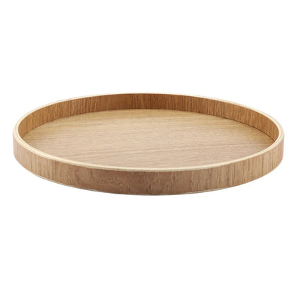 Round wooden serving tray for tea, fruits, candies, and home decoration.