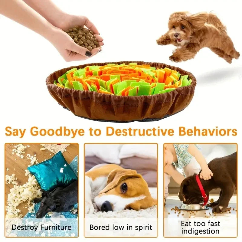 Snuffle mat for dogs with colorful fleece design, promoting interactive play and reducing destructive behavior.