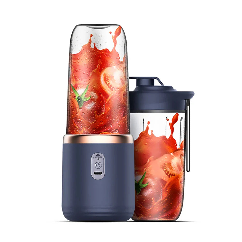 Portable mini electric fruit juice blender with USB charging, featuring six blades and 400ml capacity, ideal for summer use.