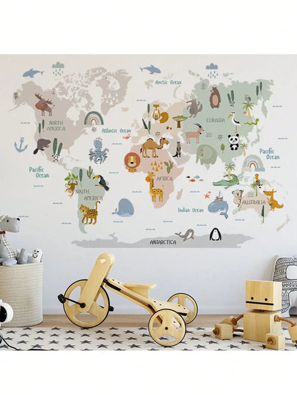 kids world map wall sticker with cartoon animals for children's room decoration