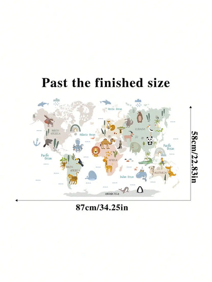 kids world map wall sticker with cartoon animals, 87cm by 58cm, PVC material