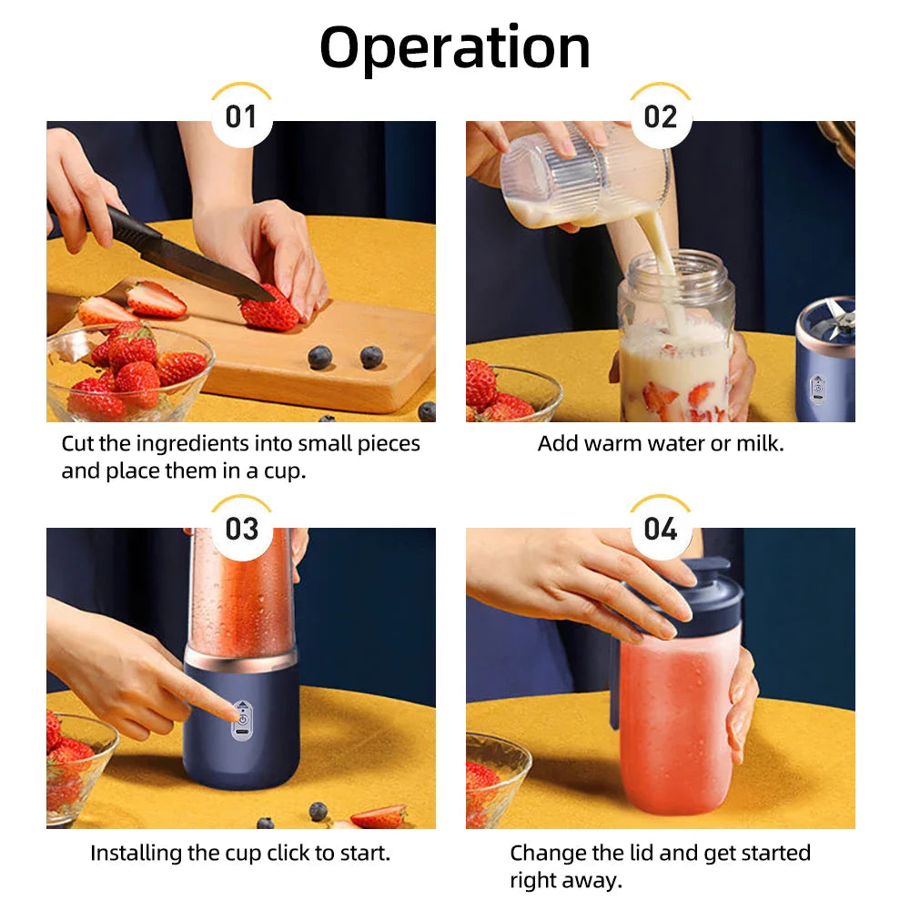 Operation steps for using portable fruit juice blenders: cut ingredients, add liquid, start blender, change lid.