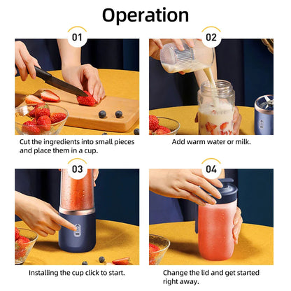 Operation steps for using portable fruit juice blenders: cut ingredients, add liquid, start blender, change lid.