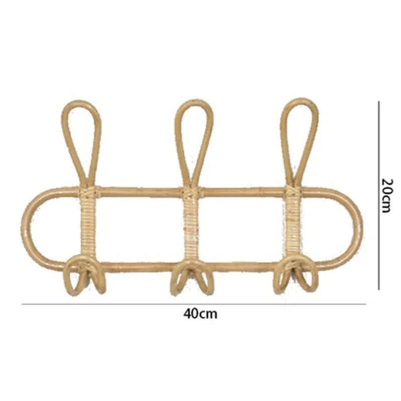Rattan wall hooks for kids' room, natural wooden hanger, 40x20cm.