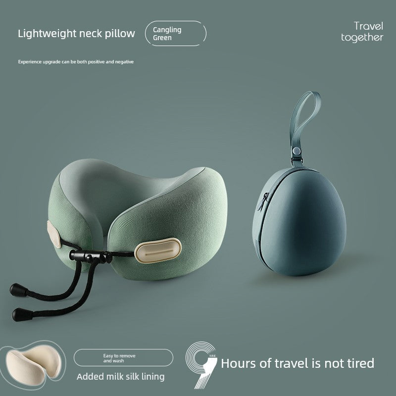 U-shaped travel pillow in green with memory cotton, lightweight design, and retractable folding case.