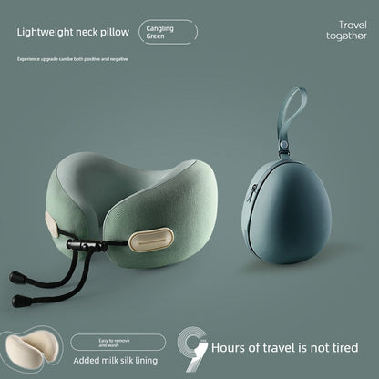 U-shaped travel pillow in green with memory cotton, lightweight design, and retractable folding case.