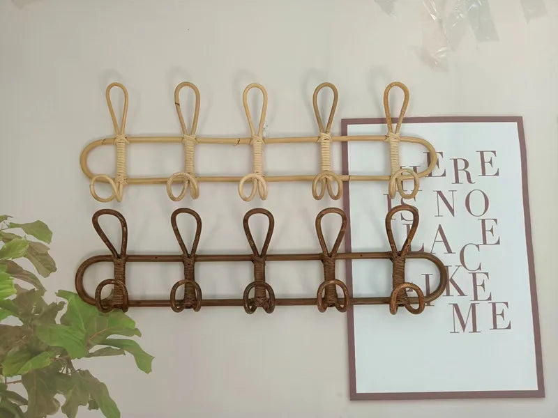 Rattan wall hooks for kids' room storage, eco-friendly and space-saving.