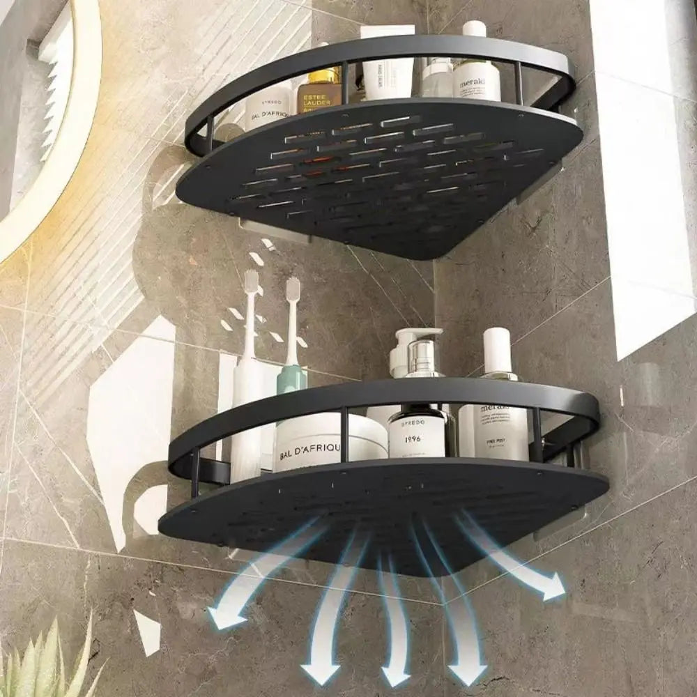 Wall-mounted no drill shower shelf with shampoo storage, corner design for bathroom organization.