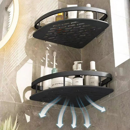Wall-mounted no drill shower shelf with shampoo storage, corner design for bathroom organization.