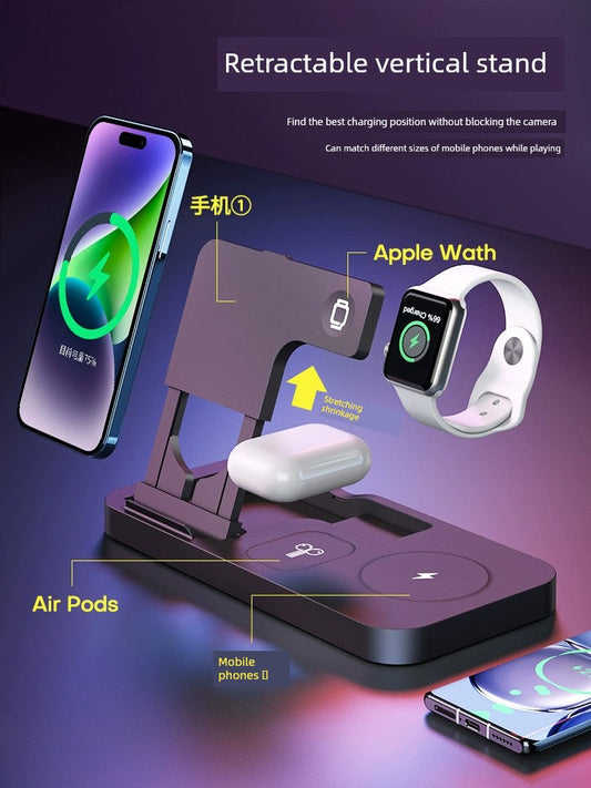 3 in 1 wireless charging station for Apple devices with retractable vertical stand.