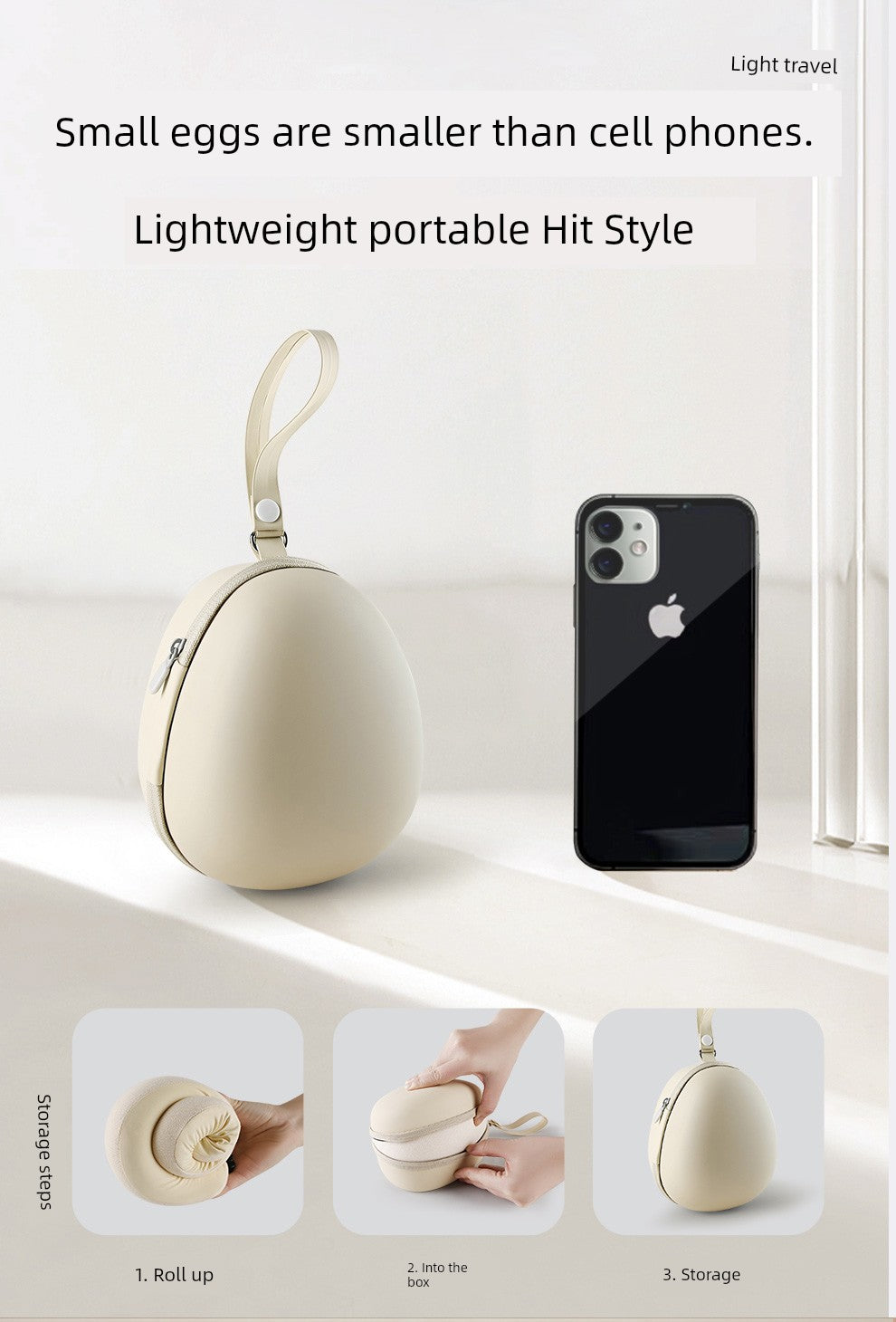 U-shaped travel pillow displayed with compact, egg-shaped design and iPhone for size comparison, highlighting its lightweight portability for air travel.