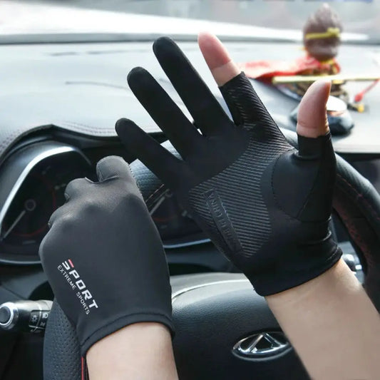 Unisex ice silk cycling gloves made of breathable rayon, black with textured grip.