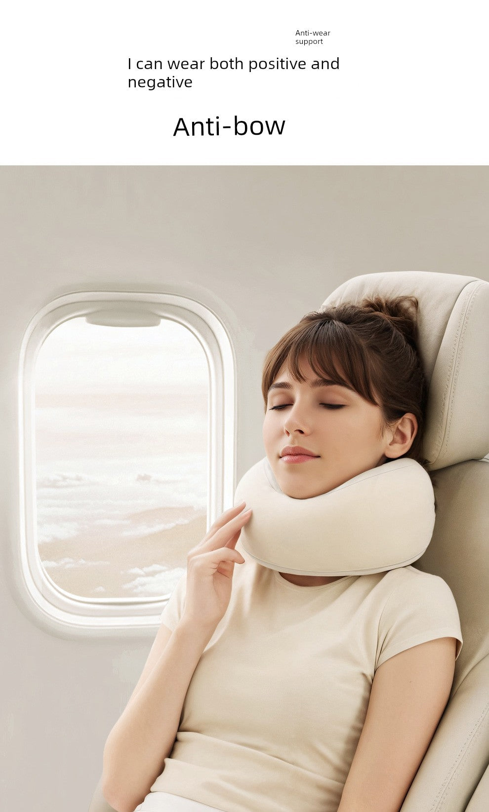 U-shaped travel pillow in use on an airplane, offering neck support.