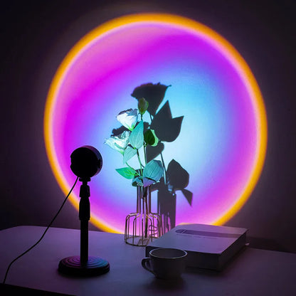 Sunset lamp projection LED lights with remote, displaying vibrant colors on wall with adjustable brightness and 360° rotation.
