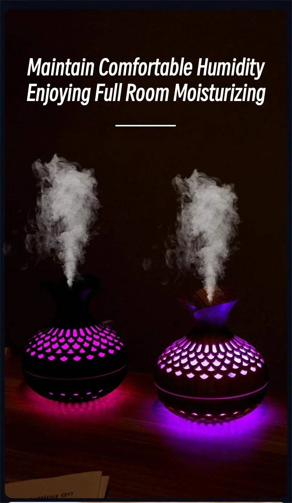 Wood grain humidifier with colorful lights emitting mist for room moisturizing.