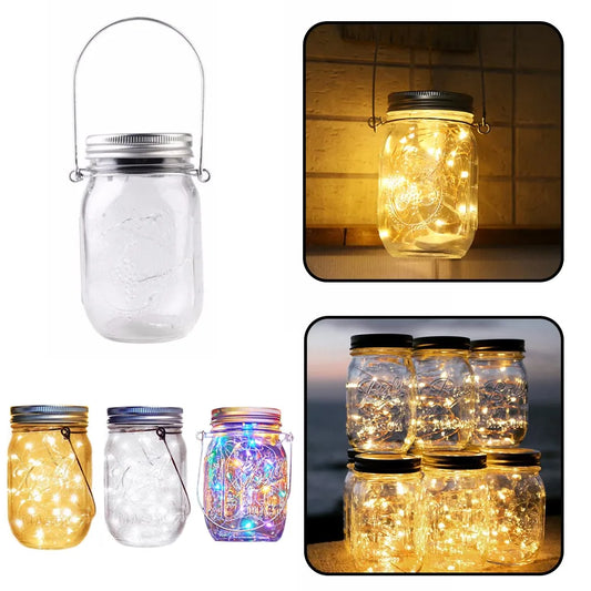 Solar mason jar lights with warm white LEDs for garden or balcony decoration.