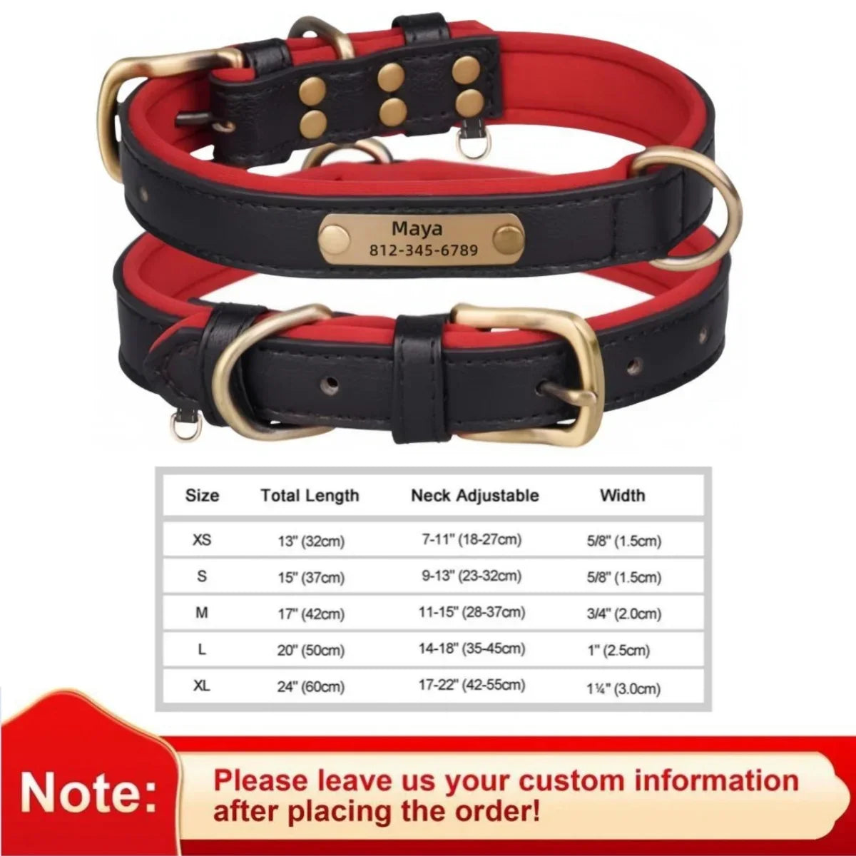 Personalized leather dog collar with ID tag, adjustable size chart, and custom information note.