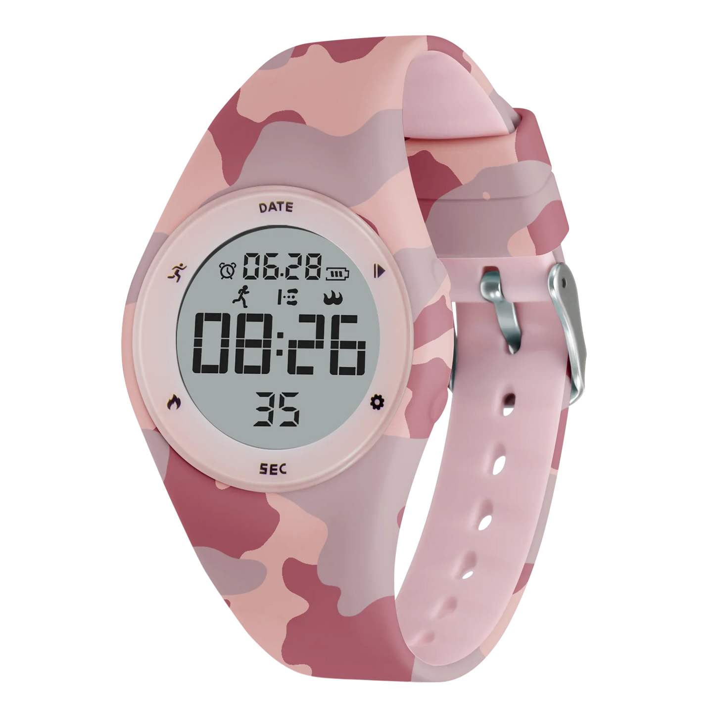 Pink camouflage kids fitness tracker watch with silicone band and digital LED display.