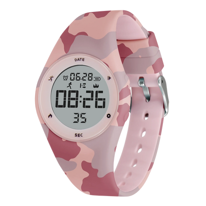 Pink camouflage kids fitness tracker watch with silicone band and digital LED display.