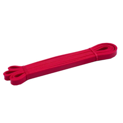 Red resistance band set for fitness training and muscle relaxation.