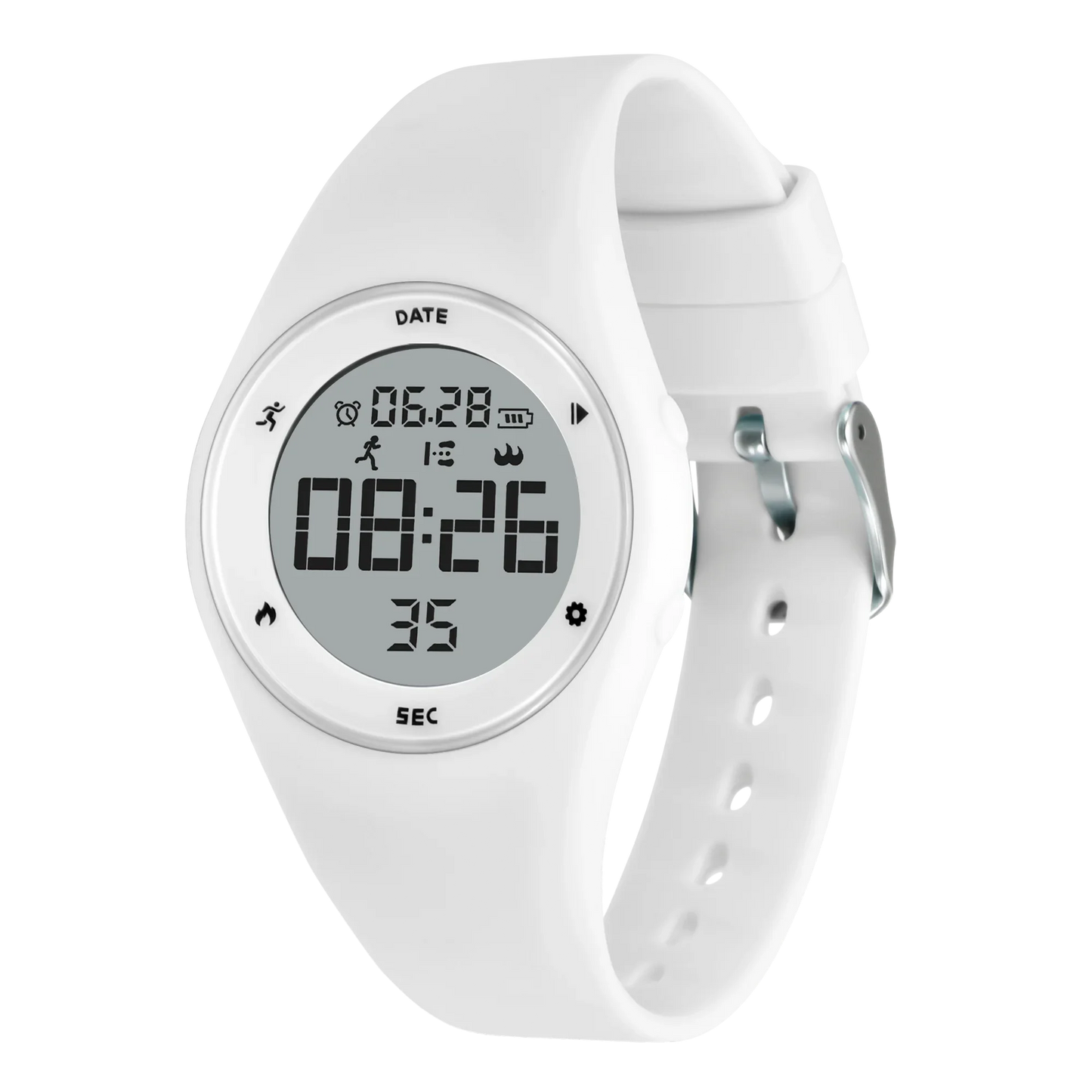 White kids fitness tracker watch with silicone band and digital LED display.