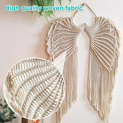 Handmade macrame wall hanging tapestry with ethnic crochet design, featuring angel wing shape, rustic style, and cotton material for home decor.