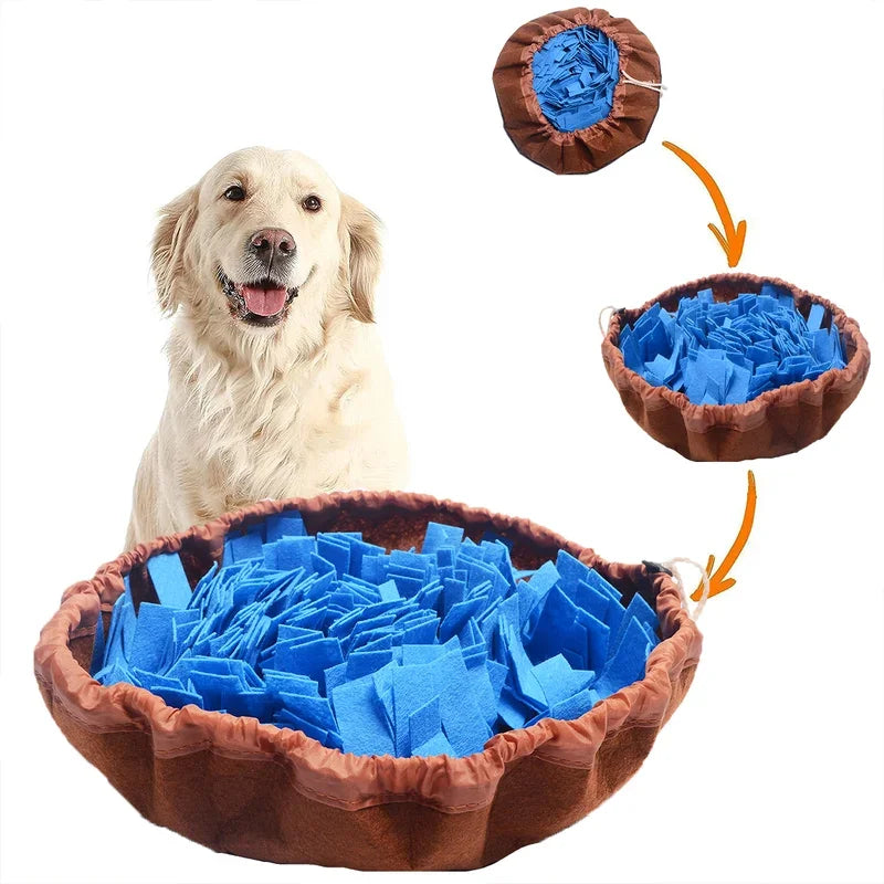 Interactive snuffle mat for dogs with blue fleece strips in a brown felt bowl, suitable for play and training.