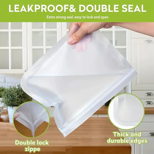 Leakproof reusable silicone food storage bag with double seal and durable edges in a kitchen setting.