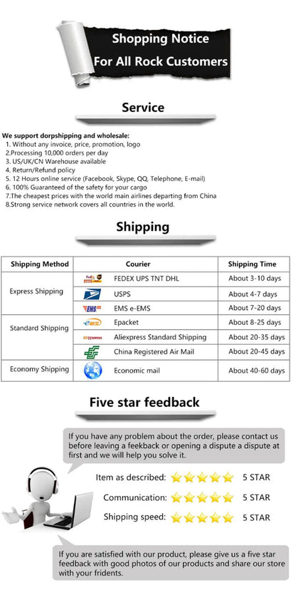Detox Foot Patches shipping and service information sheet with five-star feedback ratings.