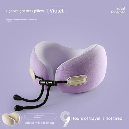 Violet U-shaped travel pillow with memory foam for neck support, featuring retractable folding design, ideal for airplane travel.