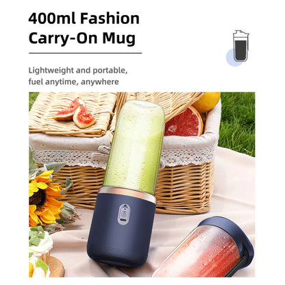 Portable fruit juice blender with 400ml capacity, ideal for making fresh juices anywhere, featuring a lightweight, fashionable carry-on mug.