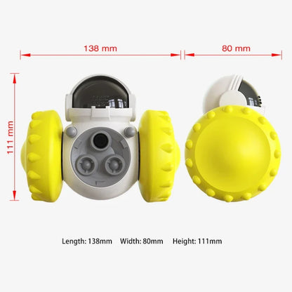 treat dispensing dog toy with yellow wheels and dimensions of 138mm length, 80mm width, and 111mm height